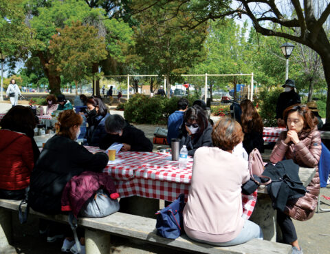 People gather outdoors around picnic tables enjoying a sunny day.